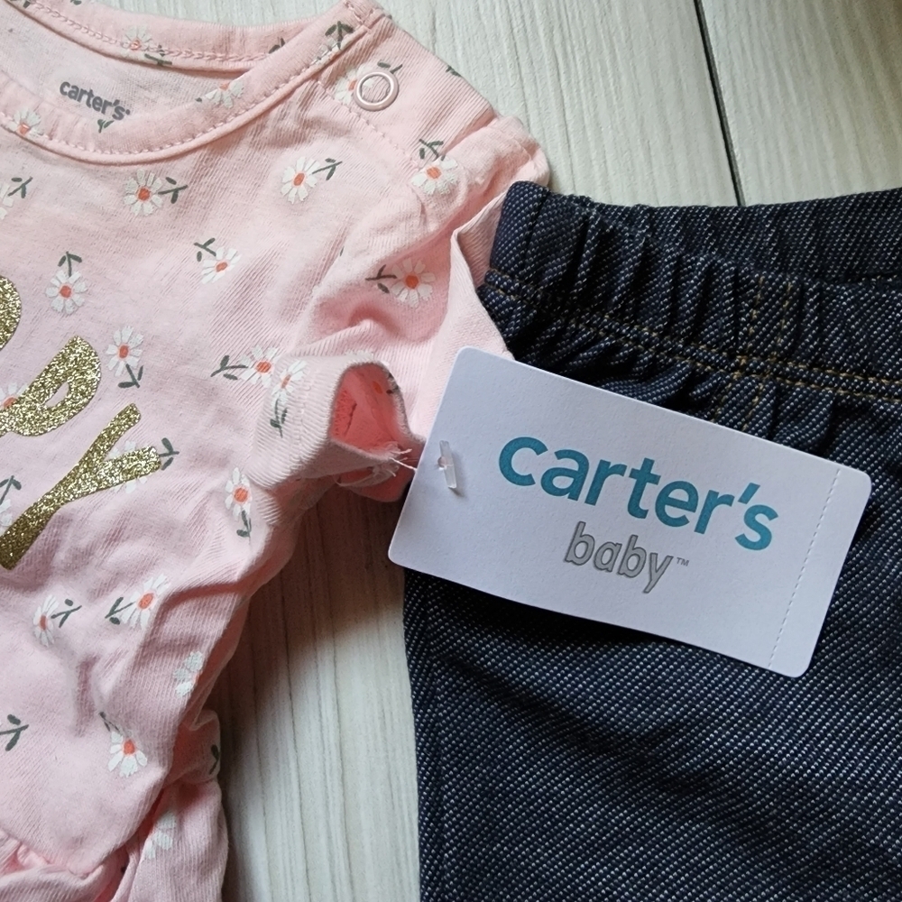 Carter's 2 piece baby outfit pink happy bodysuit with denim pants NWT Size 3 mo - Picture 16 of 16
